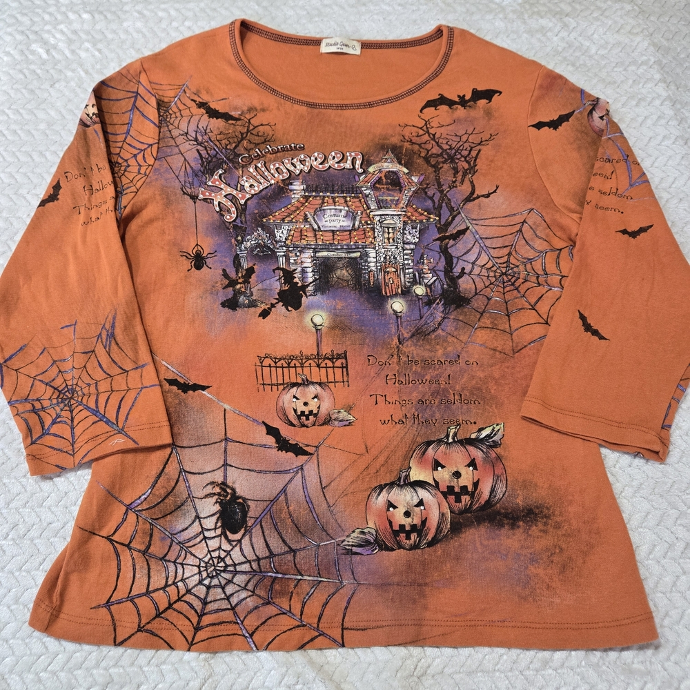 Vtg Y2K Studio Gem Q Halloween Shirt Womens Large All Over Print Graphic